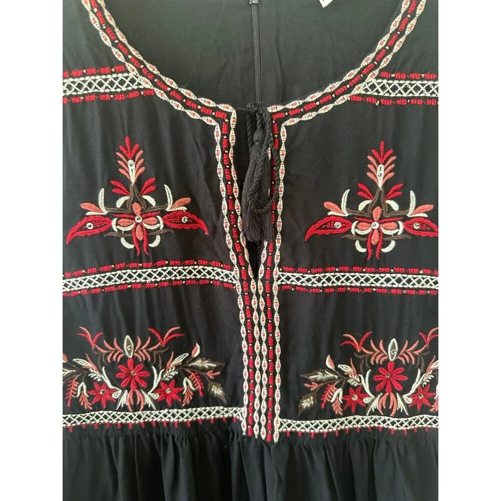 Beach Lunch Lounge Beaded Embroidered Front Tie Tassel Long Sleeve Mini Dress M - Image 3