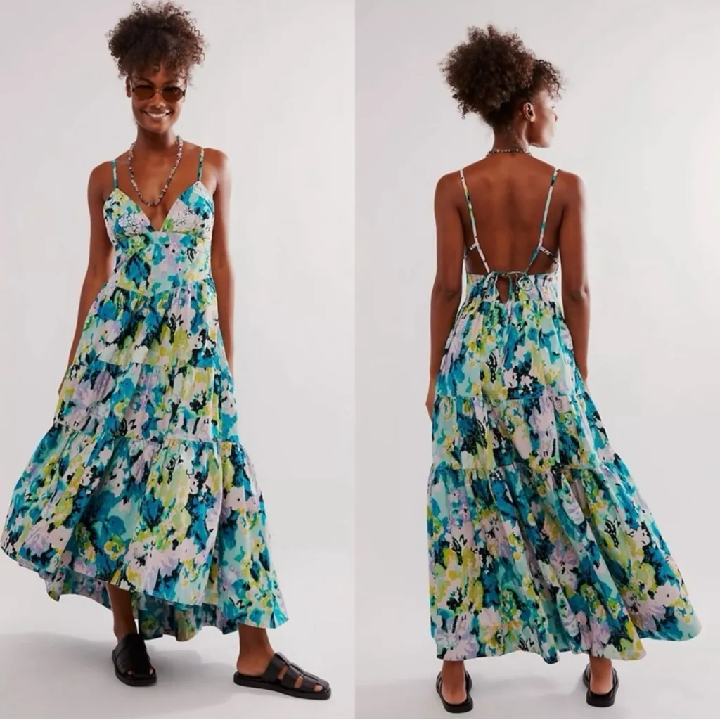 Free People Long Love Tiered Halter Midi Maxi Dress Small Embroidered Floral - Image 3
