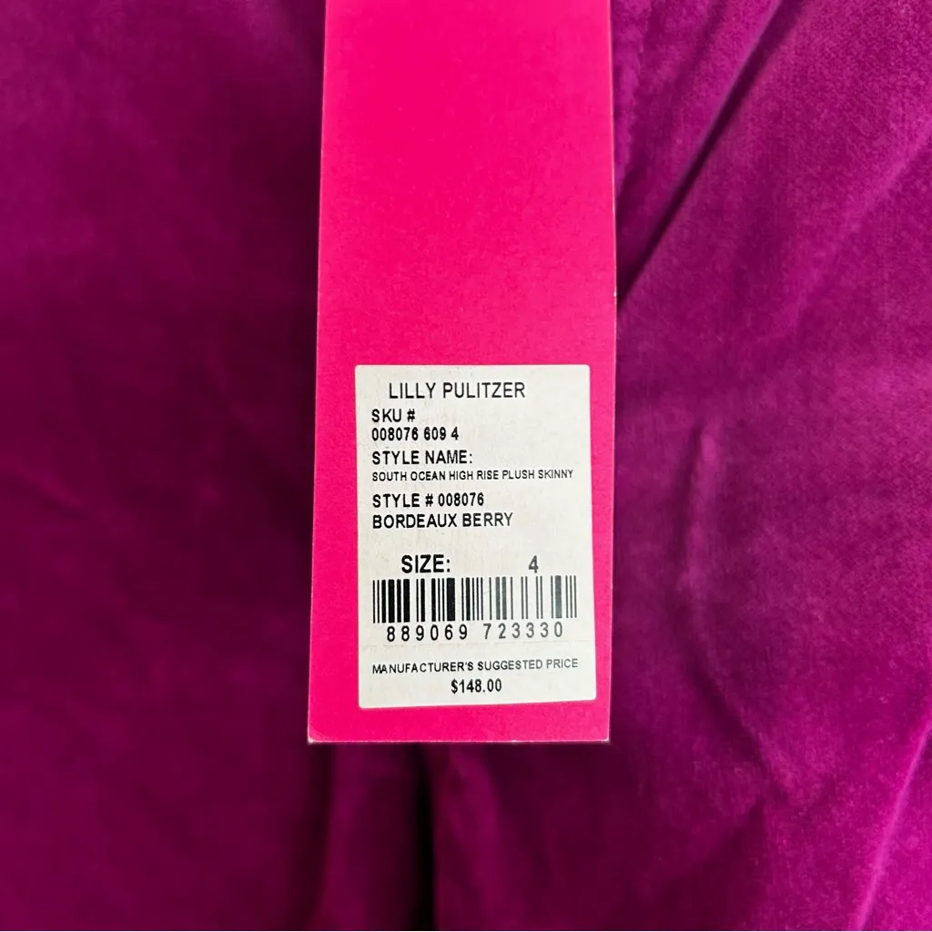 NWT Lilly Pulitzer South Ocean High Rise Plush Skinny Velvet Berry Pants Size 4 - Image 11