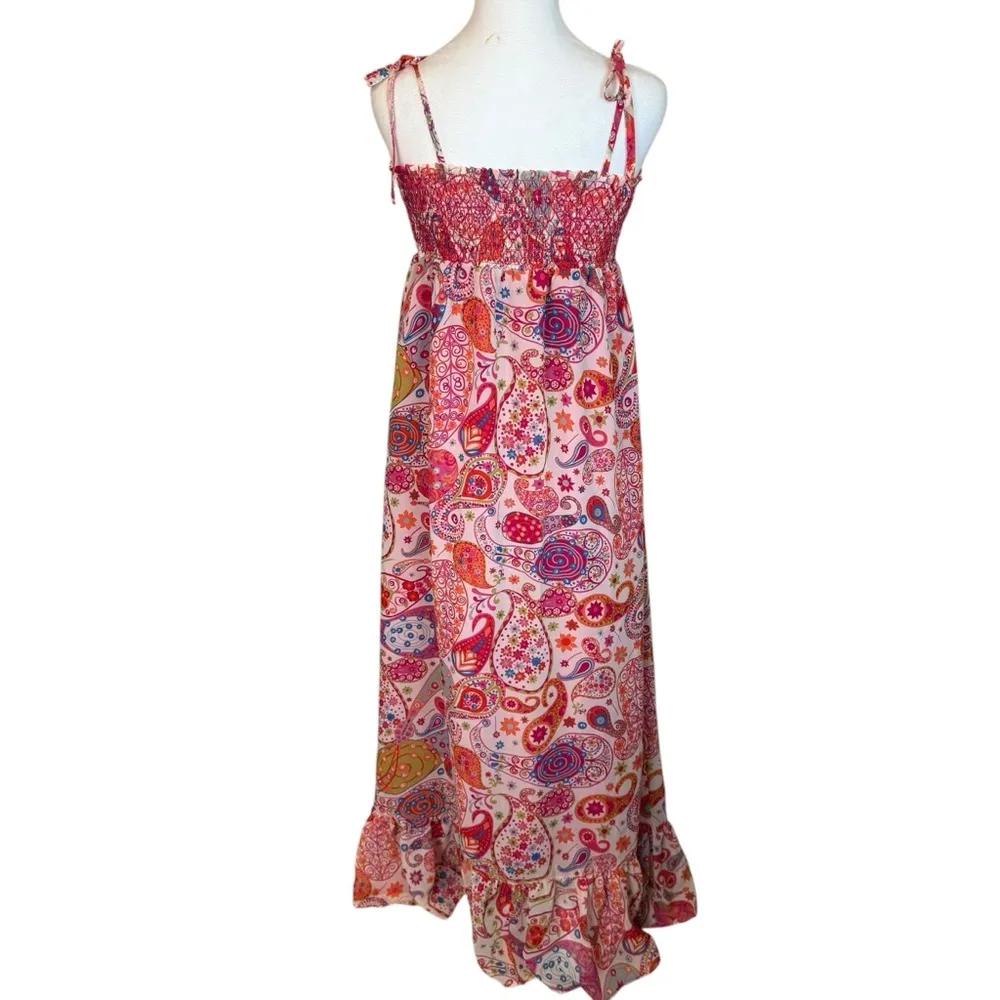Liberty Of London Smocked Maxi Colorful Floral Paisley Maxi Dress Small Art Boho Pink - Image 5