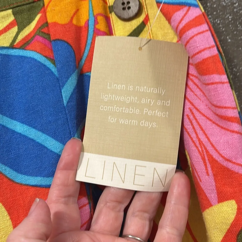 Calligraphie Tropical Linen wide leg crop Hawaiian beach summer pant size Medium Blue - Image 3