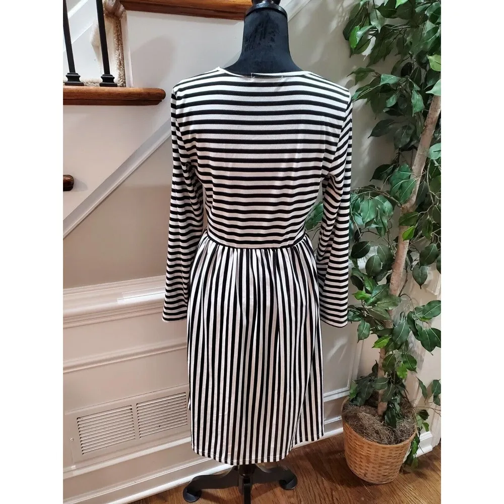 Merokeety Women White & Black Cotton Round Neck Long Sleeve Knee Length Dress S - Image 7