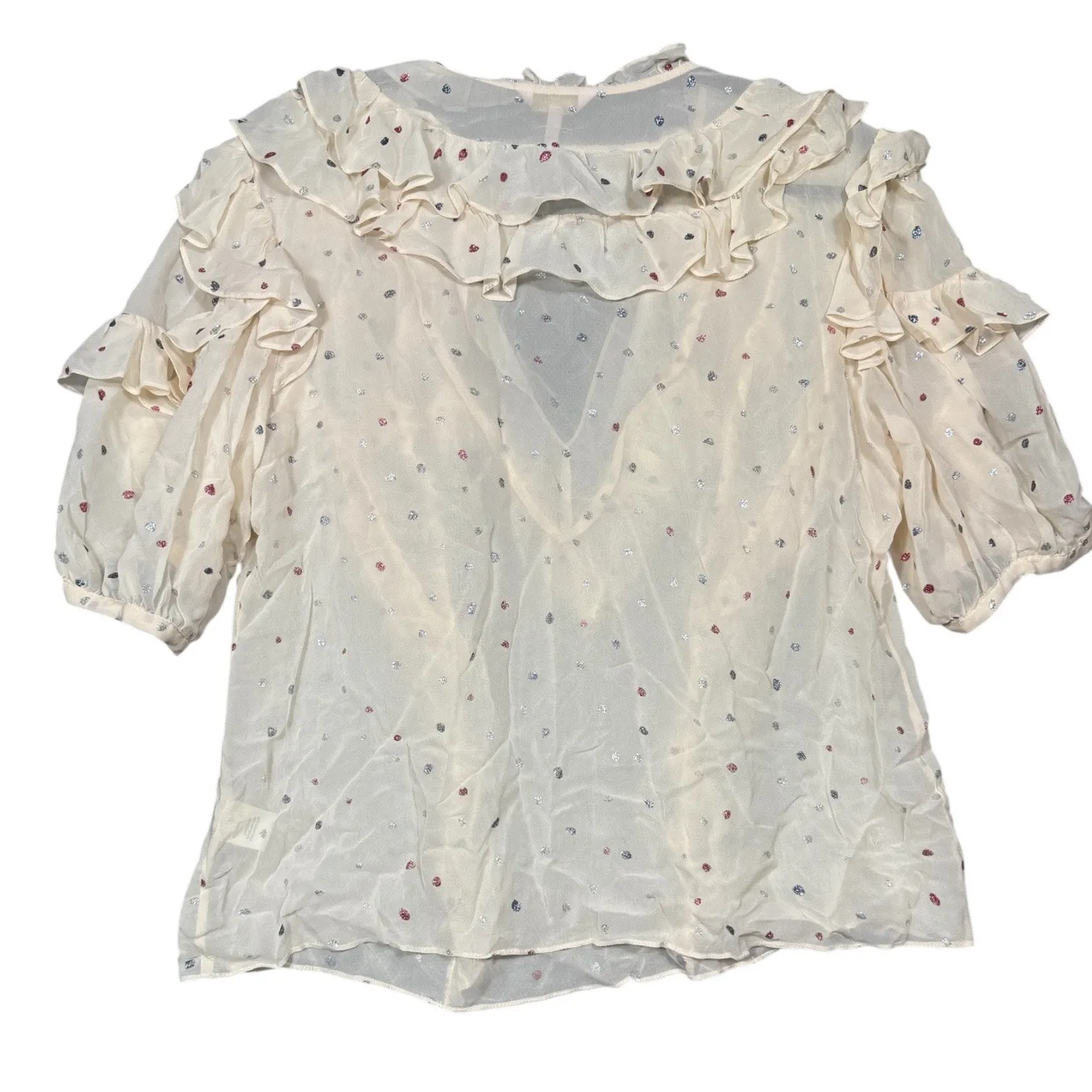 Rebecca Taylor Ruffle Gem Dot Silk Blouse Sheer Pink Metallic - Size 12 - Image 5