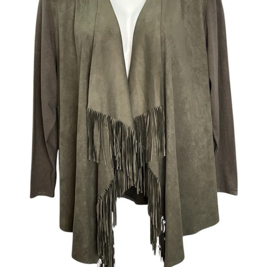 INC International Concepts Olive Fringe Cardigan Faux Suede Boho Size L Earthy Green Size L - Image 3