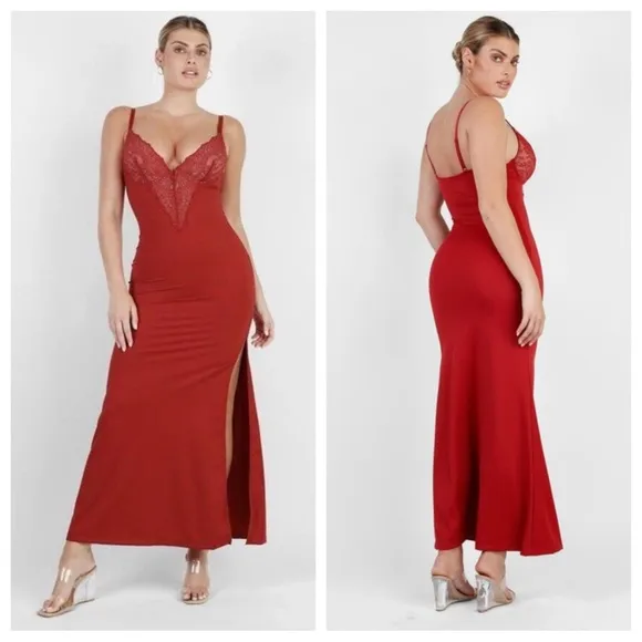 Popilush Shapewear Lace V Neck Side Slit Slimming Maxi Slip Dress Size Medium Red - Image 2