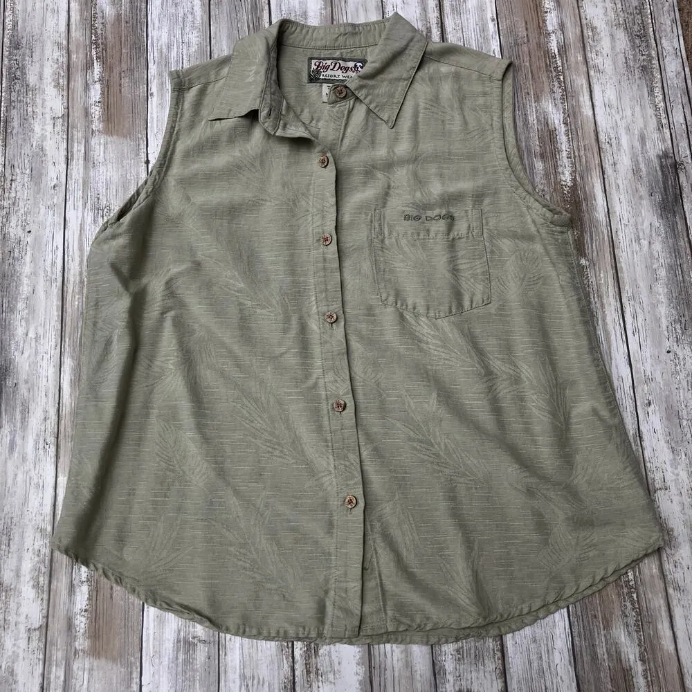 VTG Big Dogs Resortwear 100% Silk Top Sz M Pale Green Button Up Tropical Coastal - Image 3