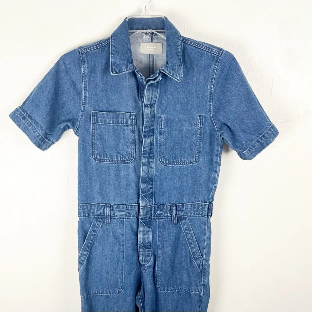 EVERLANE The Super Soft Organic Cotton Blue Jean Denim Coverall Jumpsuit, Size 0 - Image 5