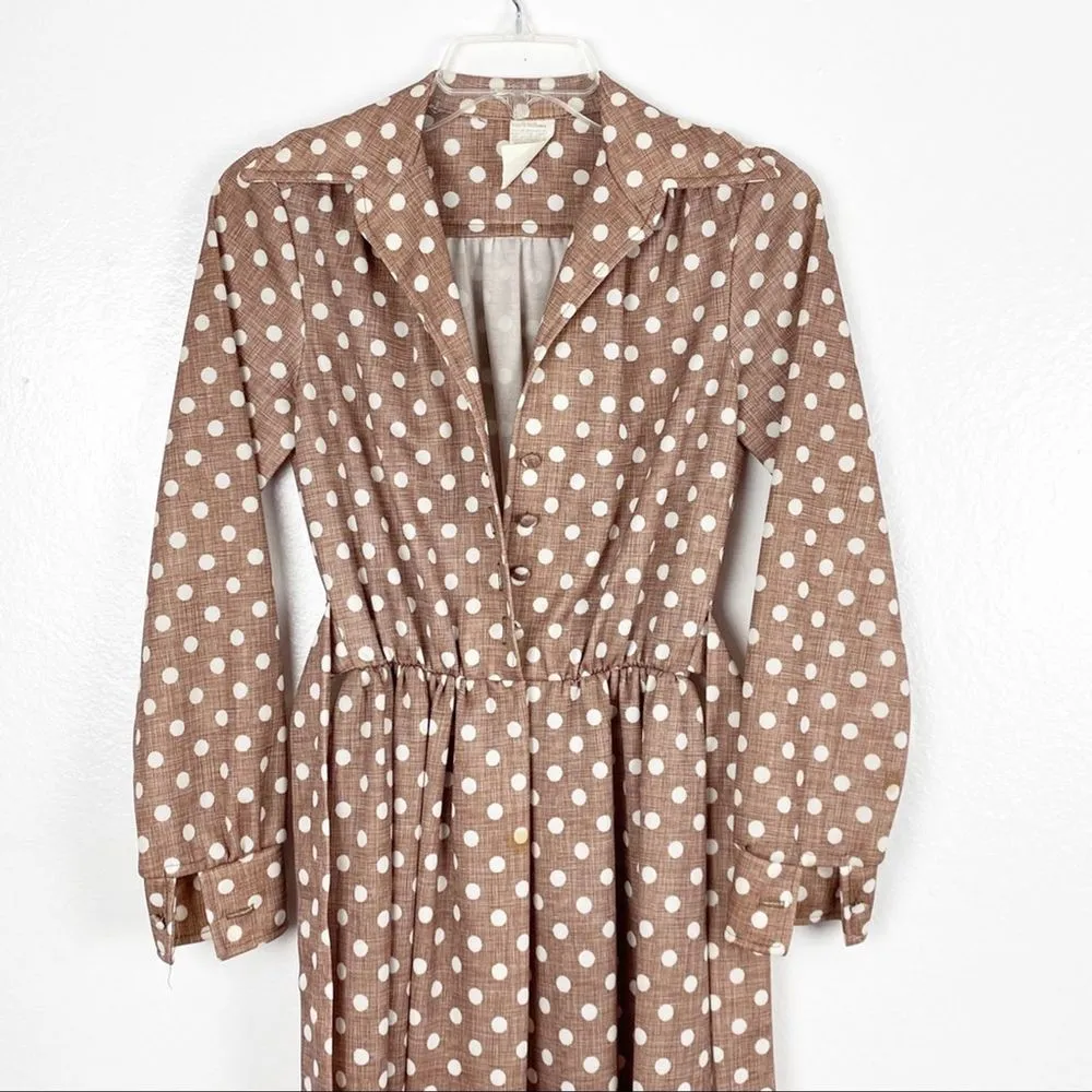 Vintage Brown & White Polka Dot Long Sleeves Belted Elastic Waist Maxi Dress Size 10 - Image 4