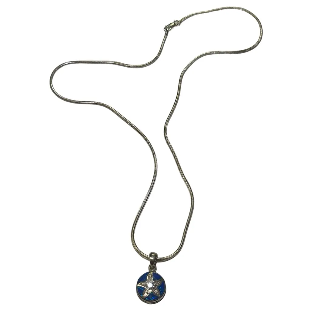 Sterling Silver Inlay Blue Opal Starfish Charm CZ Pendant With Silver Necklace - Image 2
