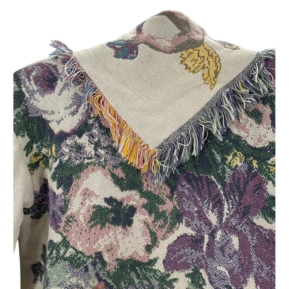 Vintage All in the Bag Coat tapestry blanket fringe 90s cherub open front size L Size L - Image 7