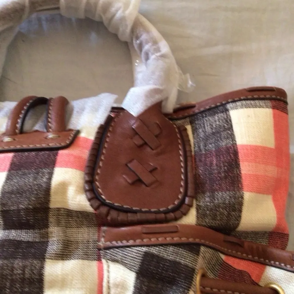 Juicy Couture Pam & Gela Pink and Brown Plaid Preppy Satchel Bag New with Tags - Image 6