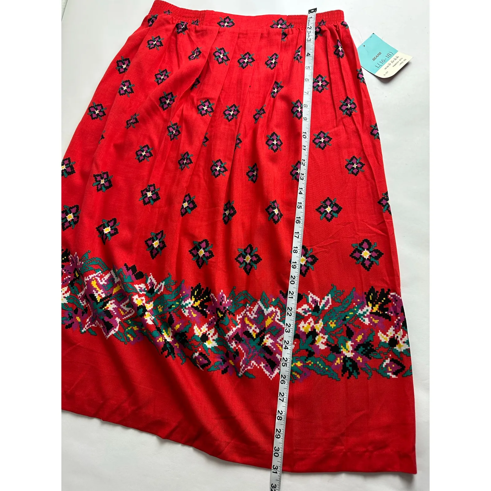 VTG Size Large Midi Geometric Indie Folk Art to Wear Western Skirt Pleated Red - Image 9