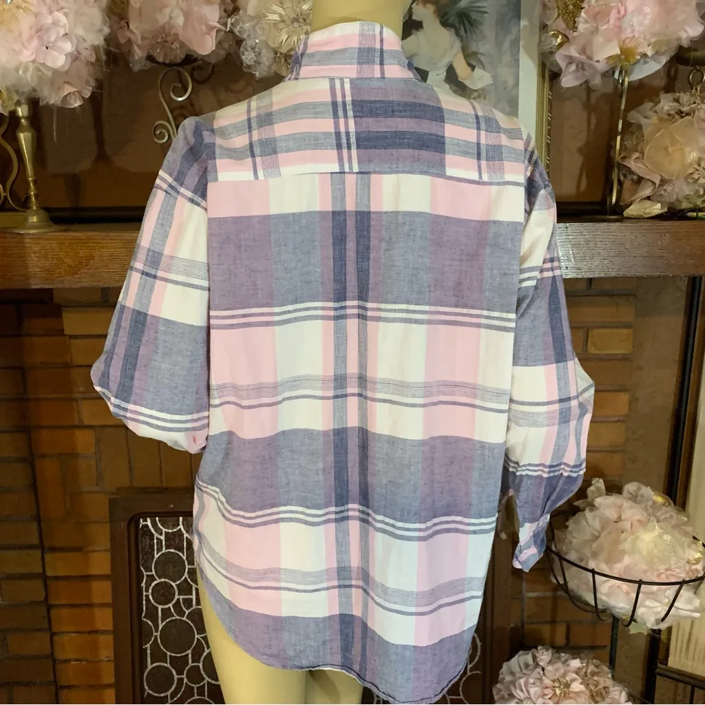 VINTAGE 1990'S ASHLEIGH MORGAN PINK, BLUE AND WHITE PLAID COTTON BUTTON DOWN (M) Pink Size M - Image 4
