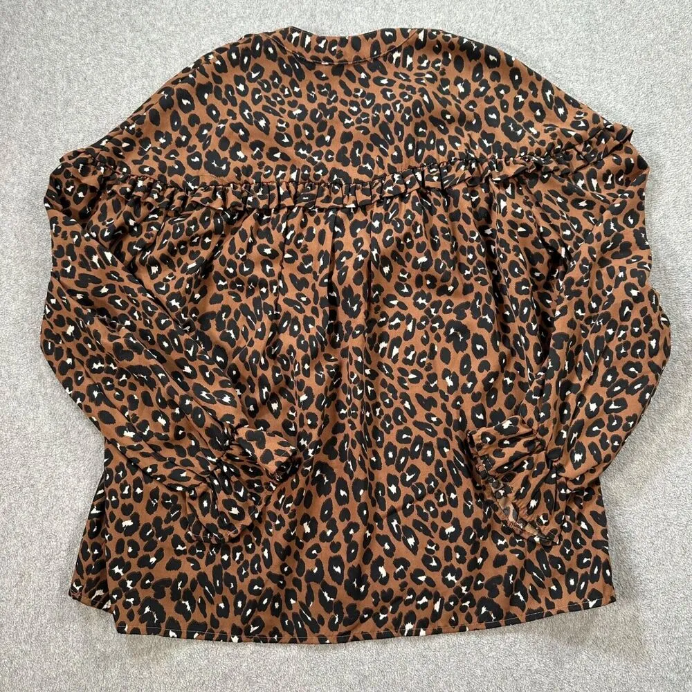 Karlie Leopard Print V-Neck Ruffle Blouse Women's Small Oversized 3/4 Sleeve - Image 8