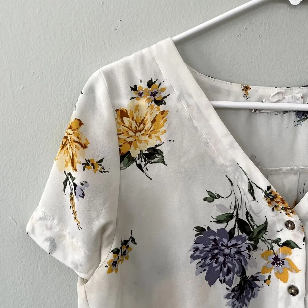 Pink Rose floral blouse short sleeved button down shirt blue yellow women size S - Image 2