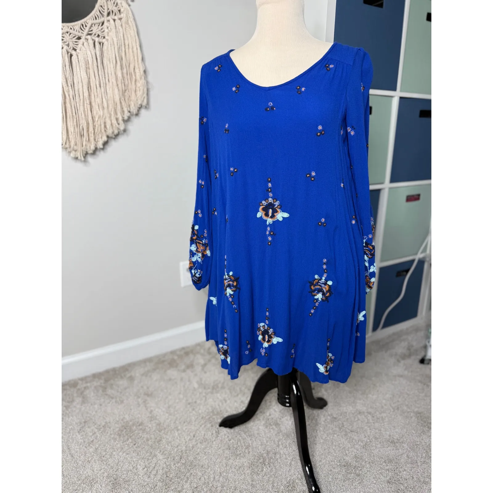 Free People Royal Blue Oxford Embroidered Short Long-Sleeved Mini Swing Dress XS - Image 2