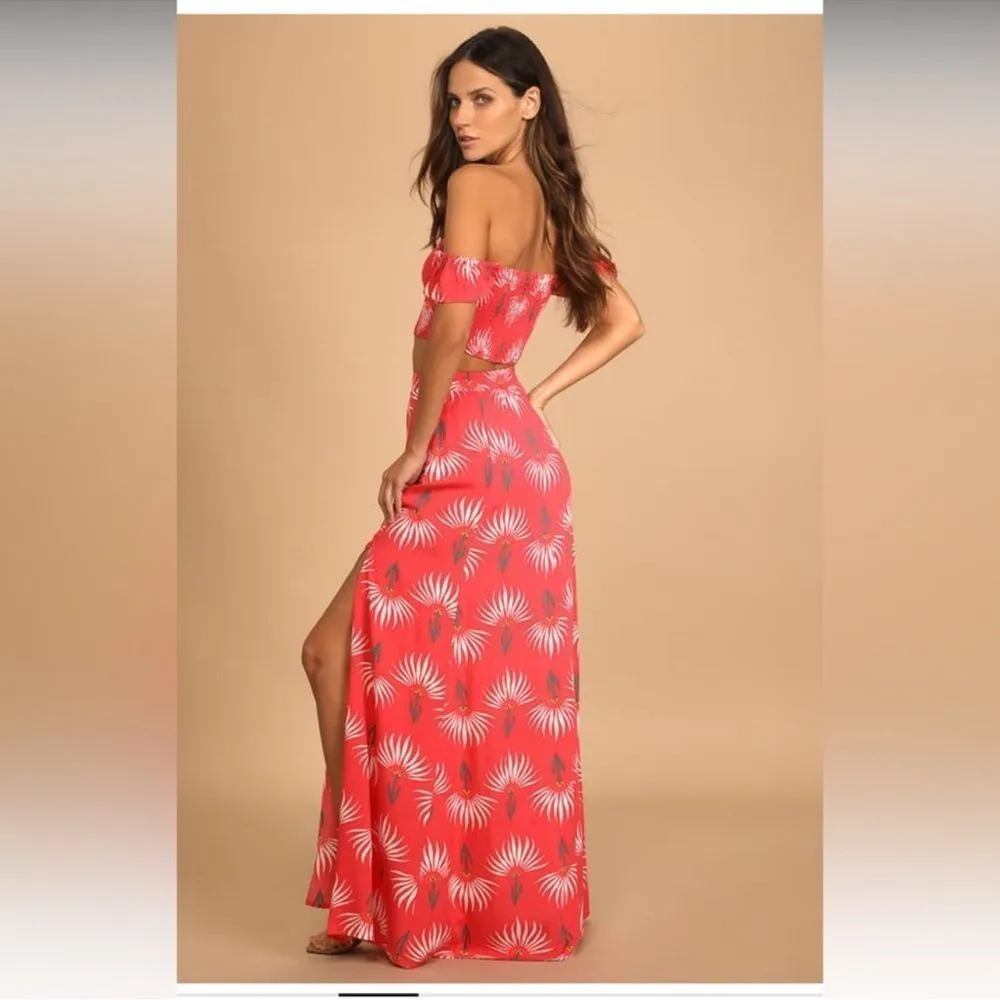 Lulus Trancoso Coral Floral Print Two-Piece Maxi Dress Size Large Tropical Pink - Image 2