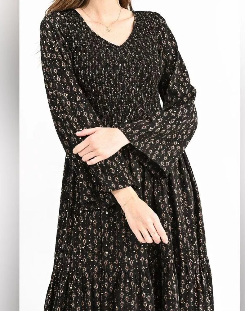 Molly Bracken Smocked Long Jude Dress Black Gold Foil Print Dots Floaty Boho XL - Image 7