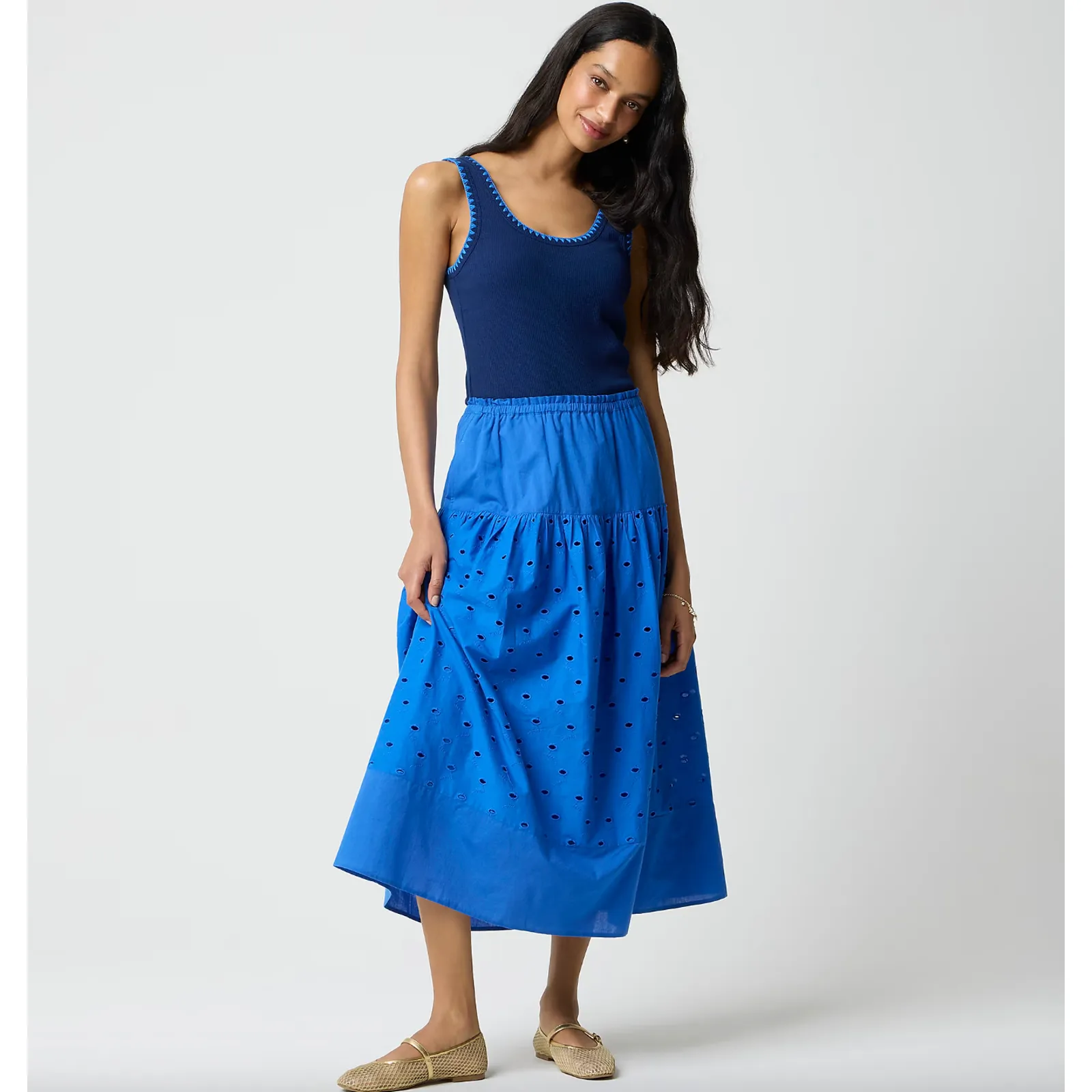 J.Crew Petite Drop Waist Eyelet Midi Skirt Bright Grotto Blue A Line Medium NWT - Image 2