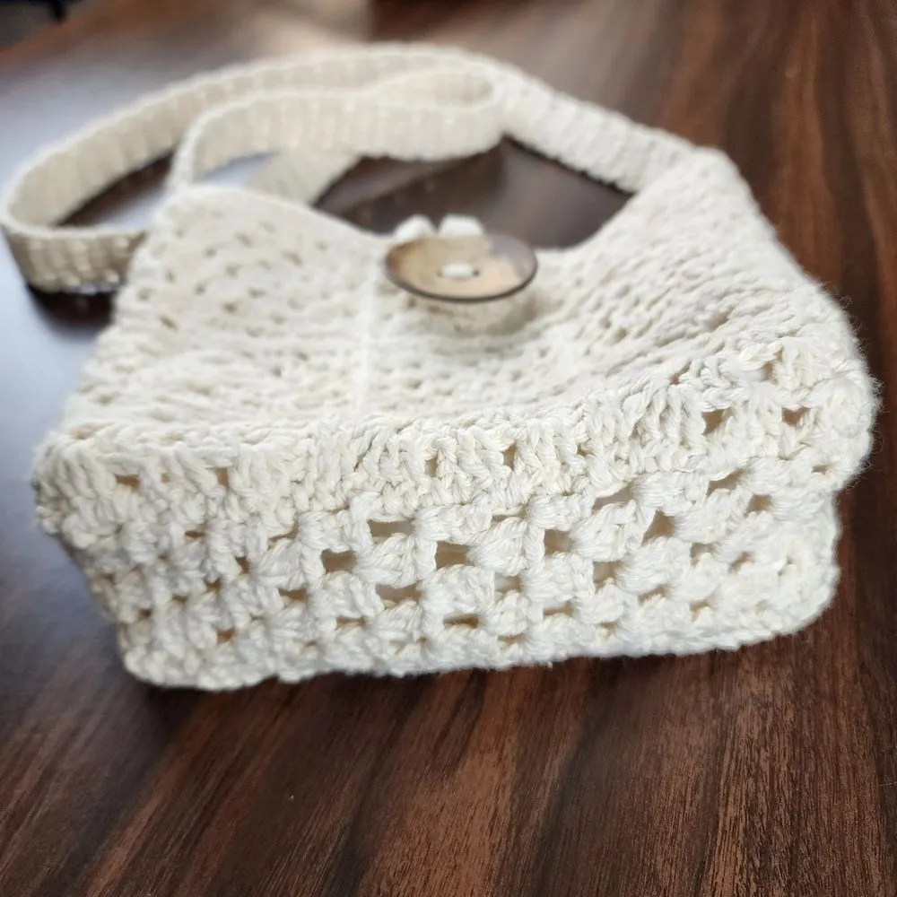 New Handmade Crochet Cotton Granny Square Crossbody Mini Bag Lined Purse Cream - Image 4