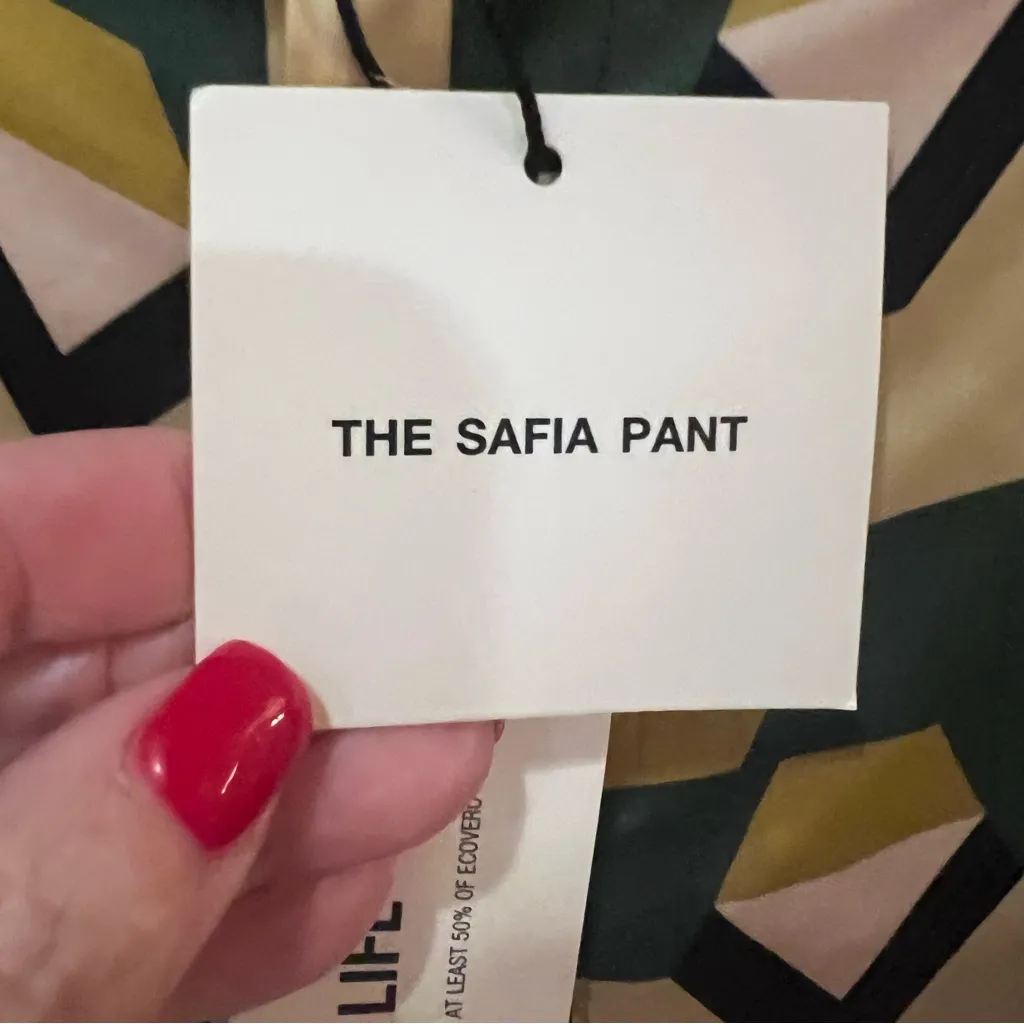 ZARA Geometric Print Wide Leg The Safia Satin Pant Green Black‎ Size Medium - Image 12