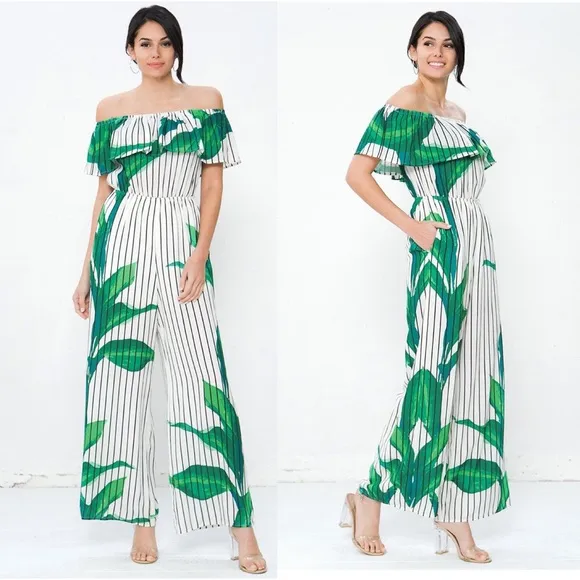 NWOT Jealous Tomato Striped floral bardot jumpsuit - Image 2