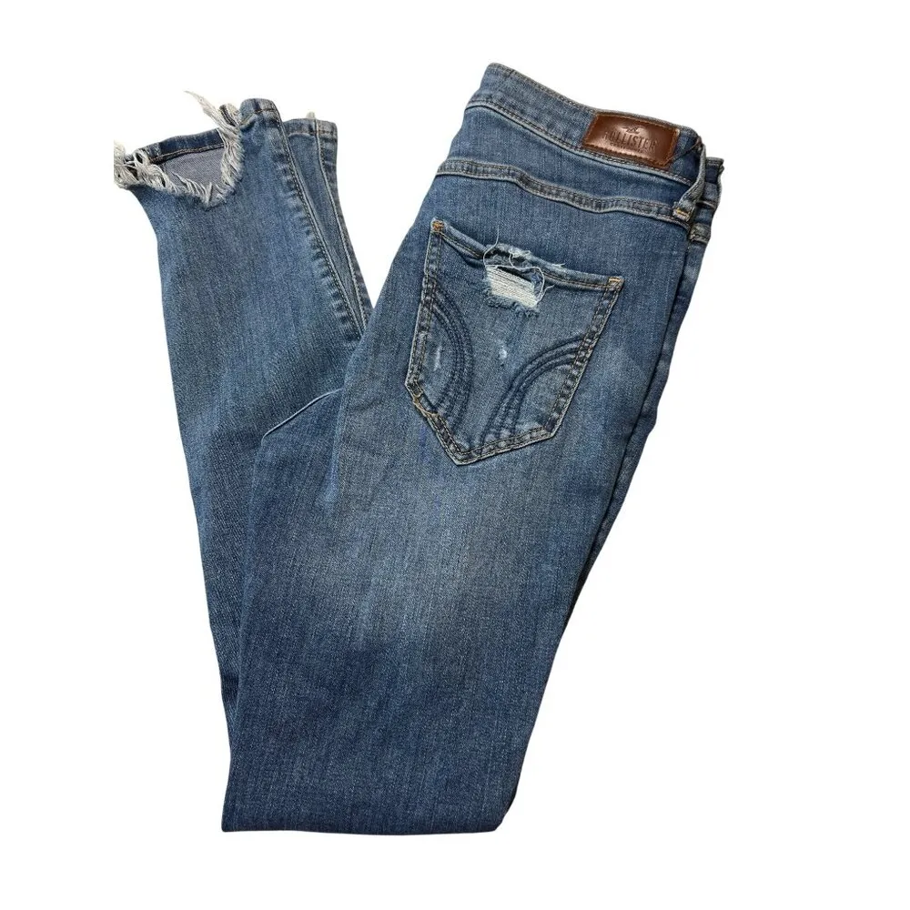 Hollister High Rise Super Skinny Ripped Blue  Jeans Classic Stretch Holes Sz 5S - Image 4