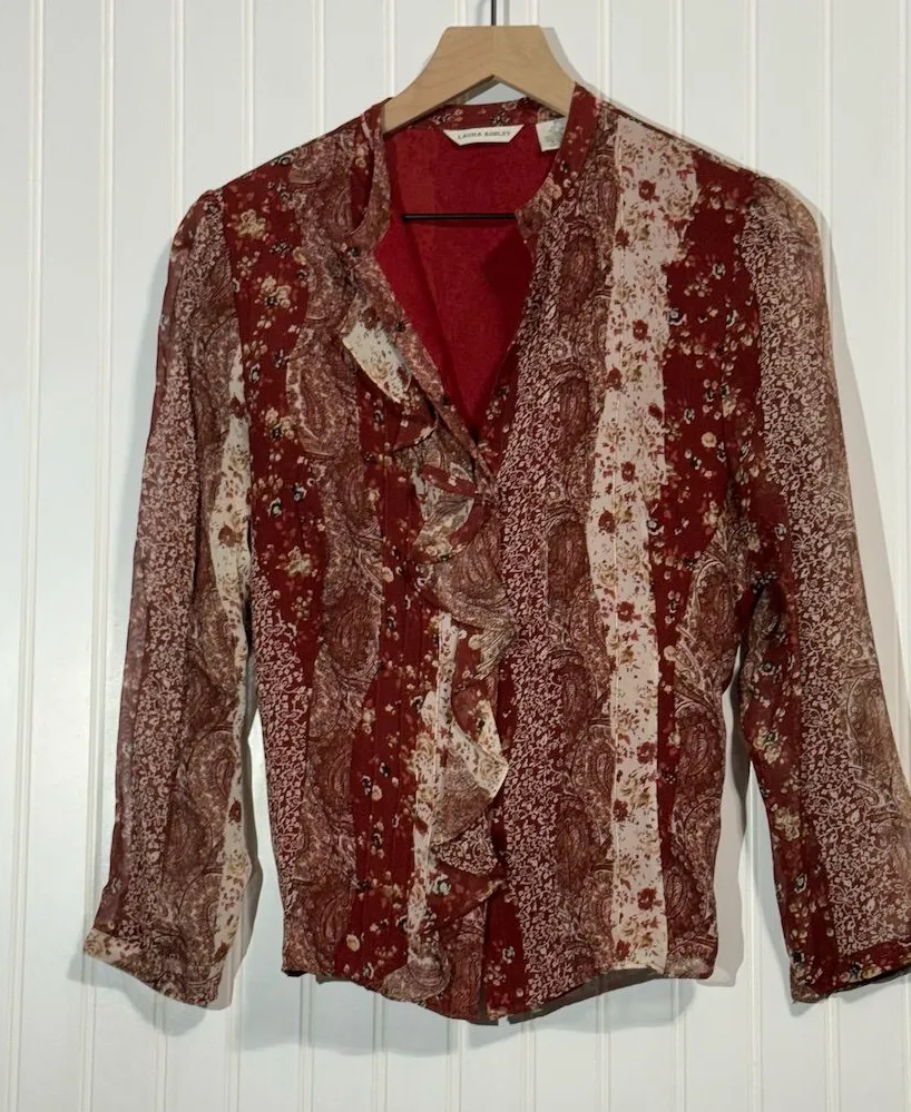 Vintage Laura Ashley Silk Blouse 8 90s Y2K Red Paisley Floral Ruffle Cottagecore - Image 1