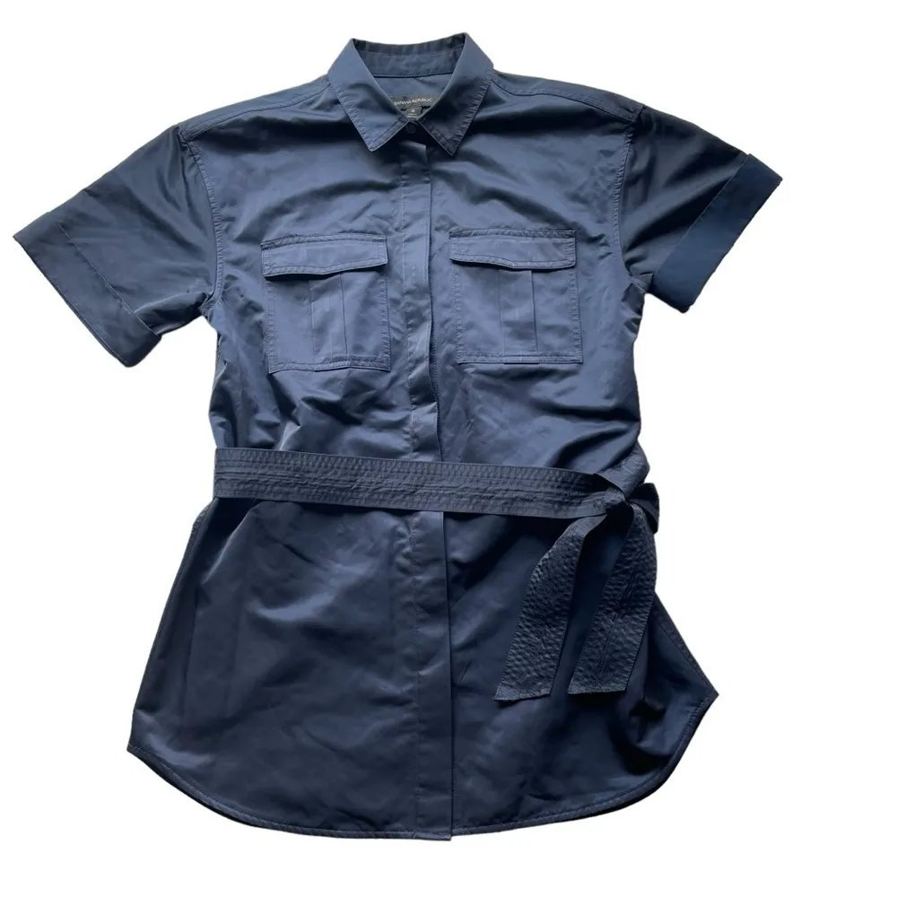 Banana Republic Military Shirt Navy Blue Size Medium S/S Belted MILI Safari - Image 7