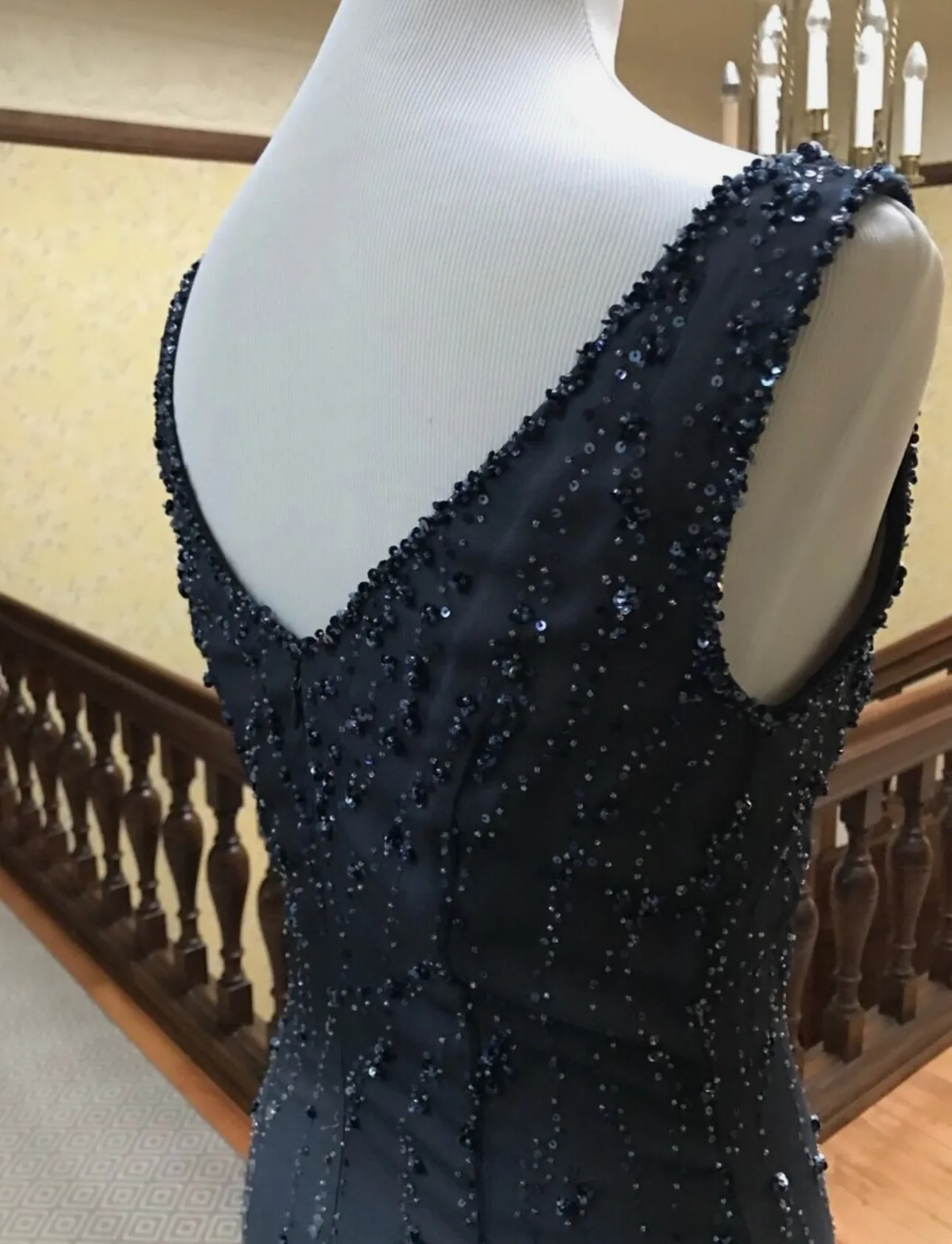 Layered silk chiffon dress blue ombre midi, hand beaded detail Sz 4 - Image 8