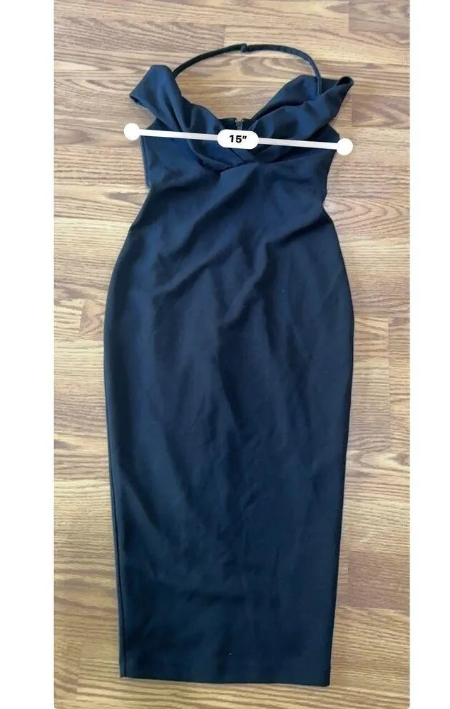 NOOKIE bodycon black Athena Off Shoulder Halter Midi Dress size S - Image 4