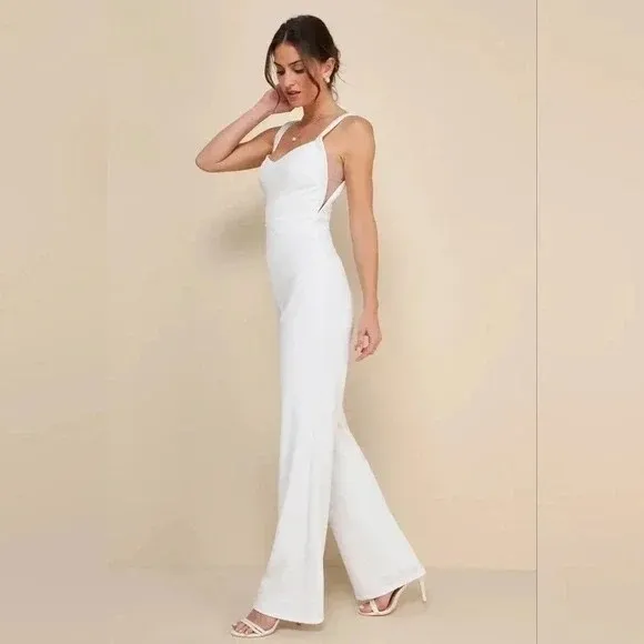 Lulus Love Aglow White Pearl Beaded Sleeveless Straight Leg Jumpsuit Size XL - Image 6