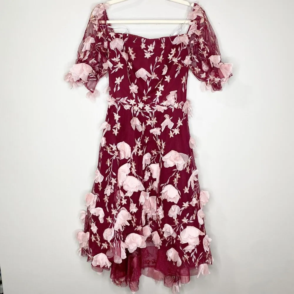 Marchesa Notte Maroon Pink Floral 3D Appliqued Off Shoulder Dress 2 NWT Red - Image 3
