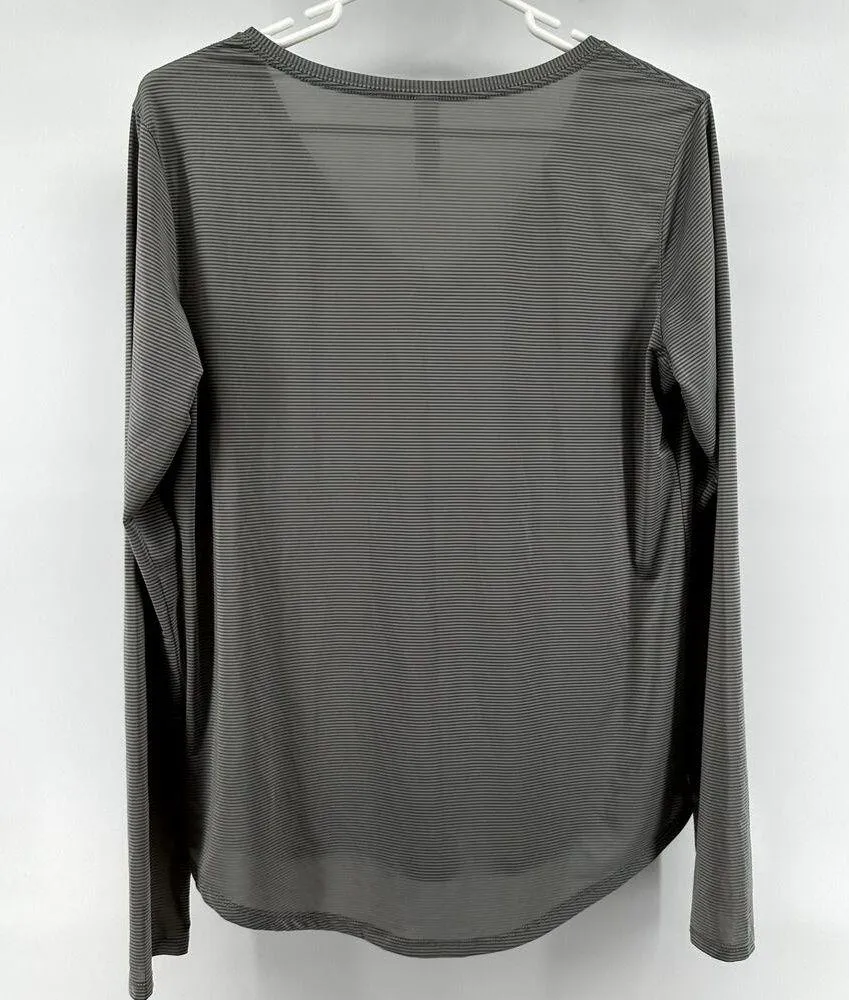 Zyia Active V Neck Long Sleeve Workout Top Striped Logo Pullover Gray Large - Image 4