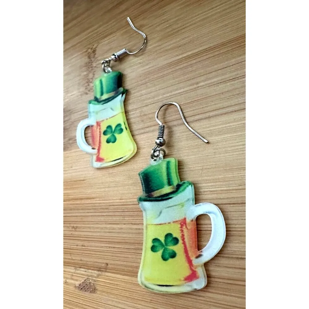 St Patricks Day Earrings Beer Shamrock Leprechaun Hat Dangle Hooks Parad… Green - Image 8