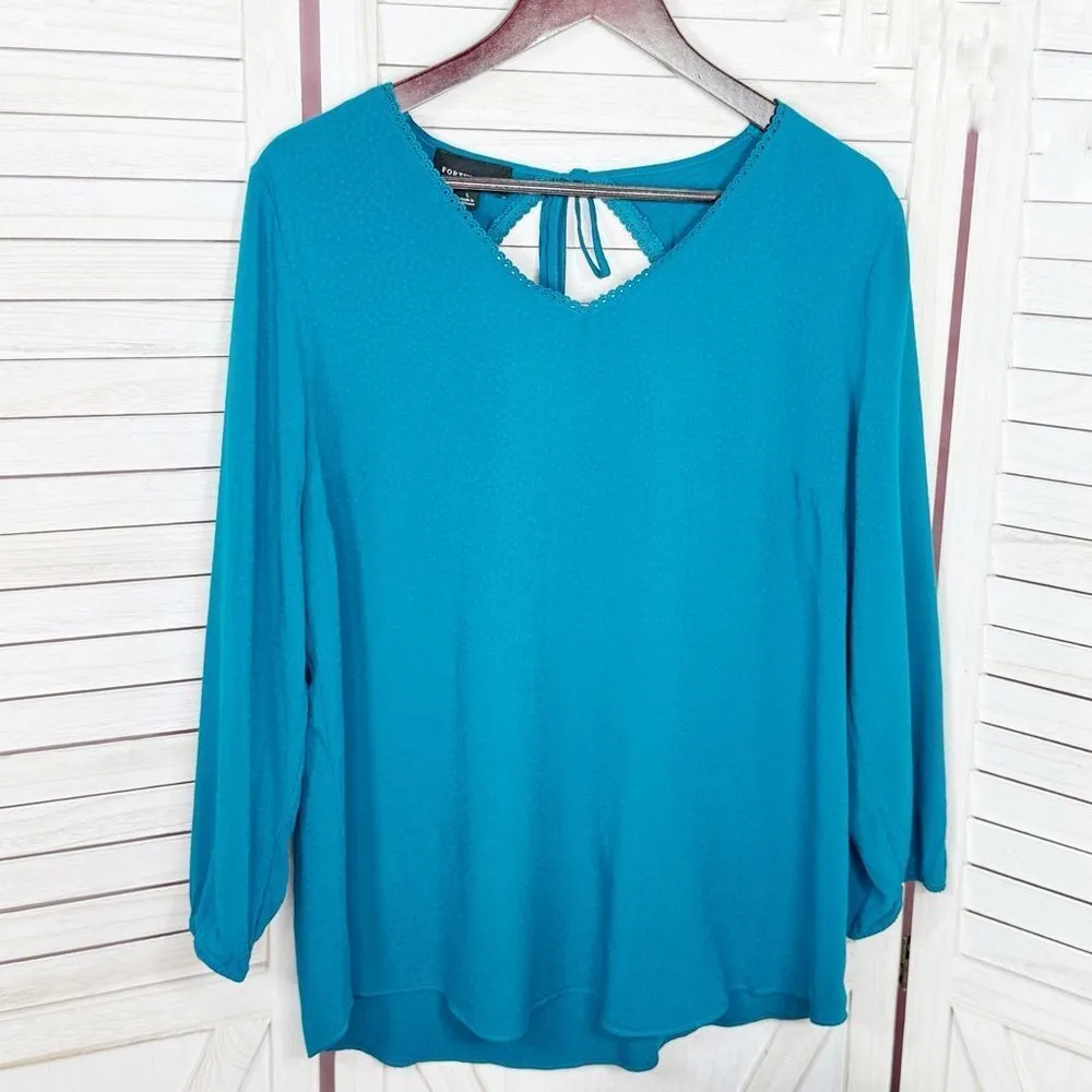 Fortune + Ivy Cutout Back Tie Eyelet Trim Blouse Teal‎ Blue Size Large - Image 8