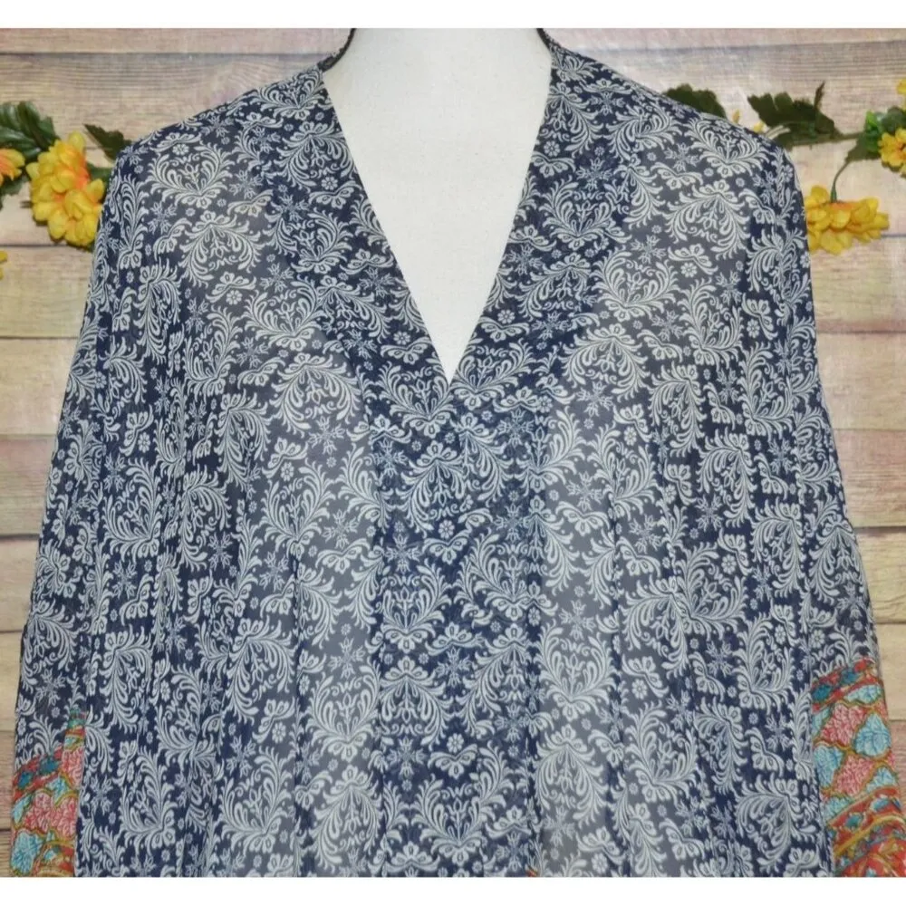 Renee C Top Women's M Blue Mixed Print Open Front Cardigan Boho Hipster Sheer - Image 2