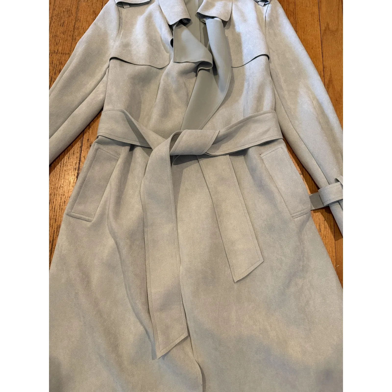 Caara Coat Womens XS Light Blue Belted Trench Faux Suede Drape Front Long - Image 6