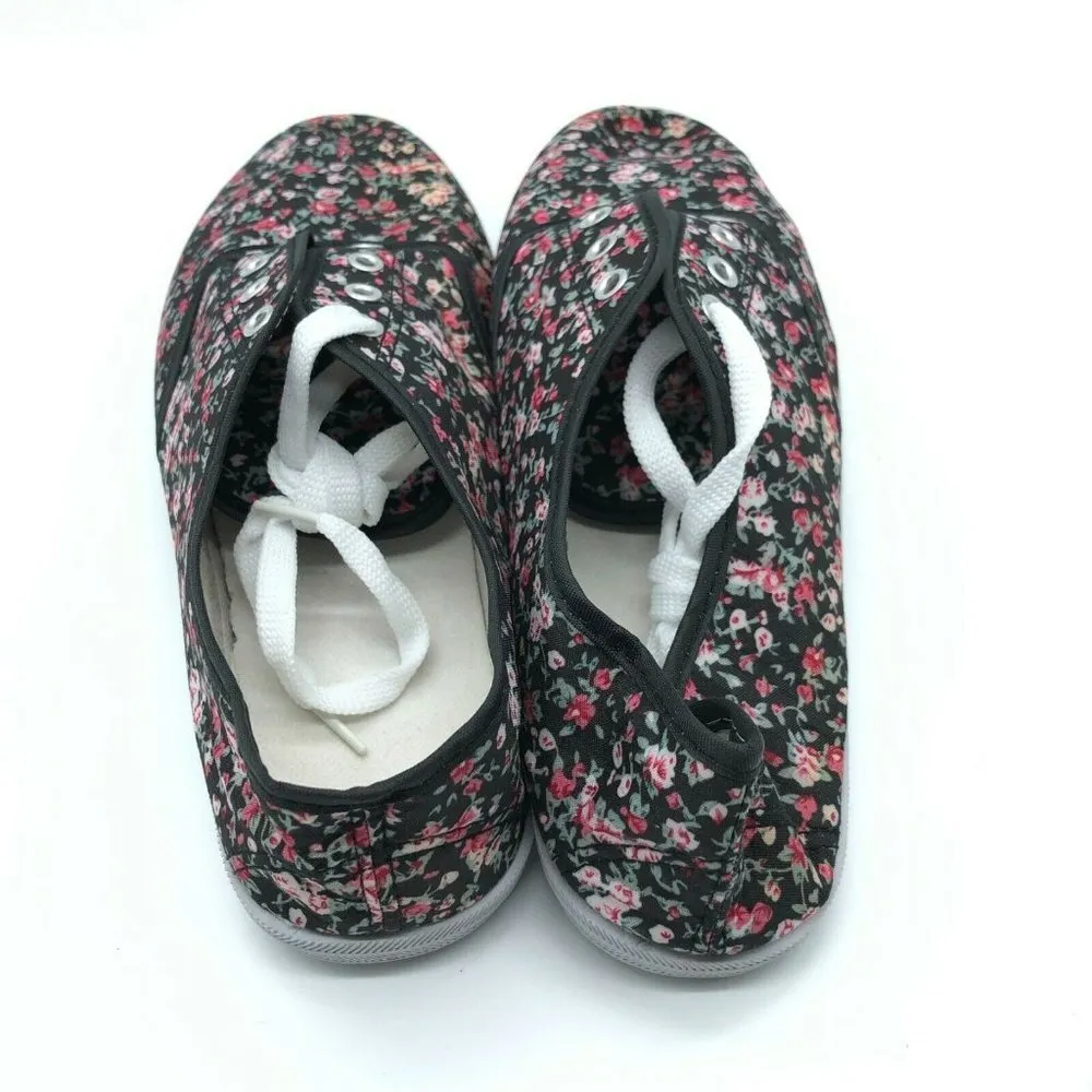 Womens Sneakers Low Top Fabric Lace Up Floral Black Pink Size 10 - Image 3