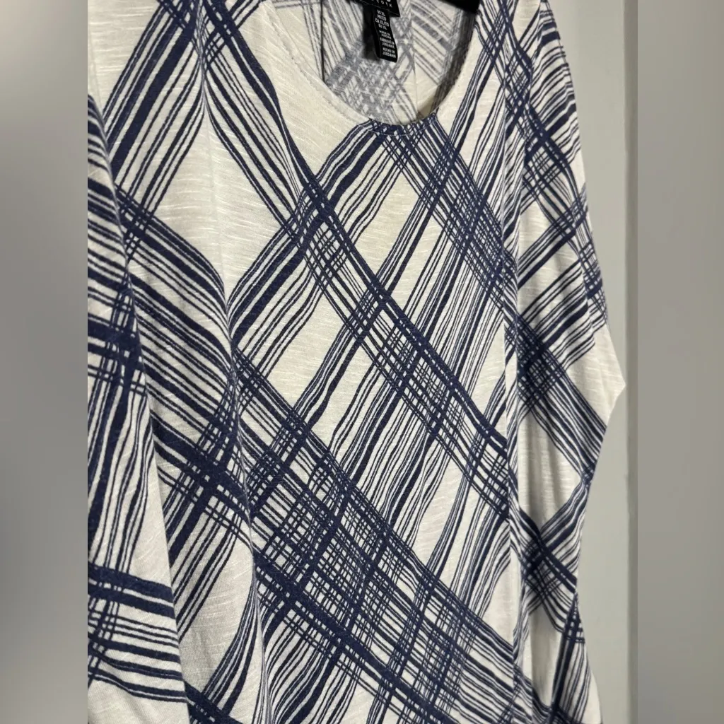 Jones New York Navy White Plaid Stretch Knit Top XL Short Sleeve - Image 4