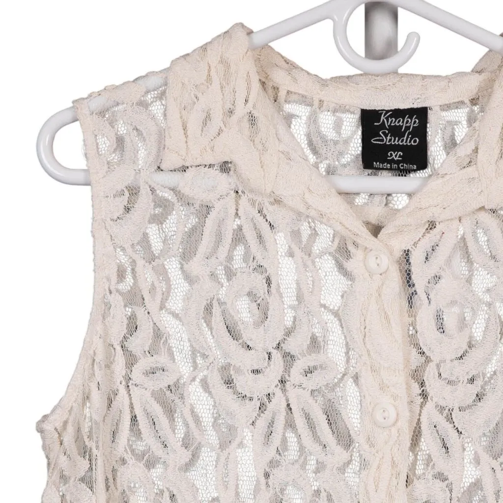 Lace Y2K Blouse XL Collared Sleeveless Sheer Cream Boho Festival Whimsy Fairy - Image 2