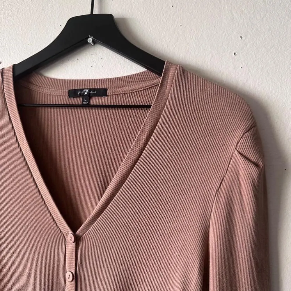 7 For All Mankind Brown Long Sleeve Ribbed Cardigan Sweater Women's Size L - Image 3