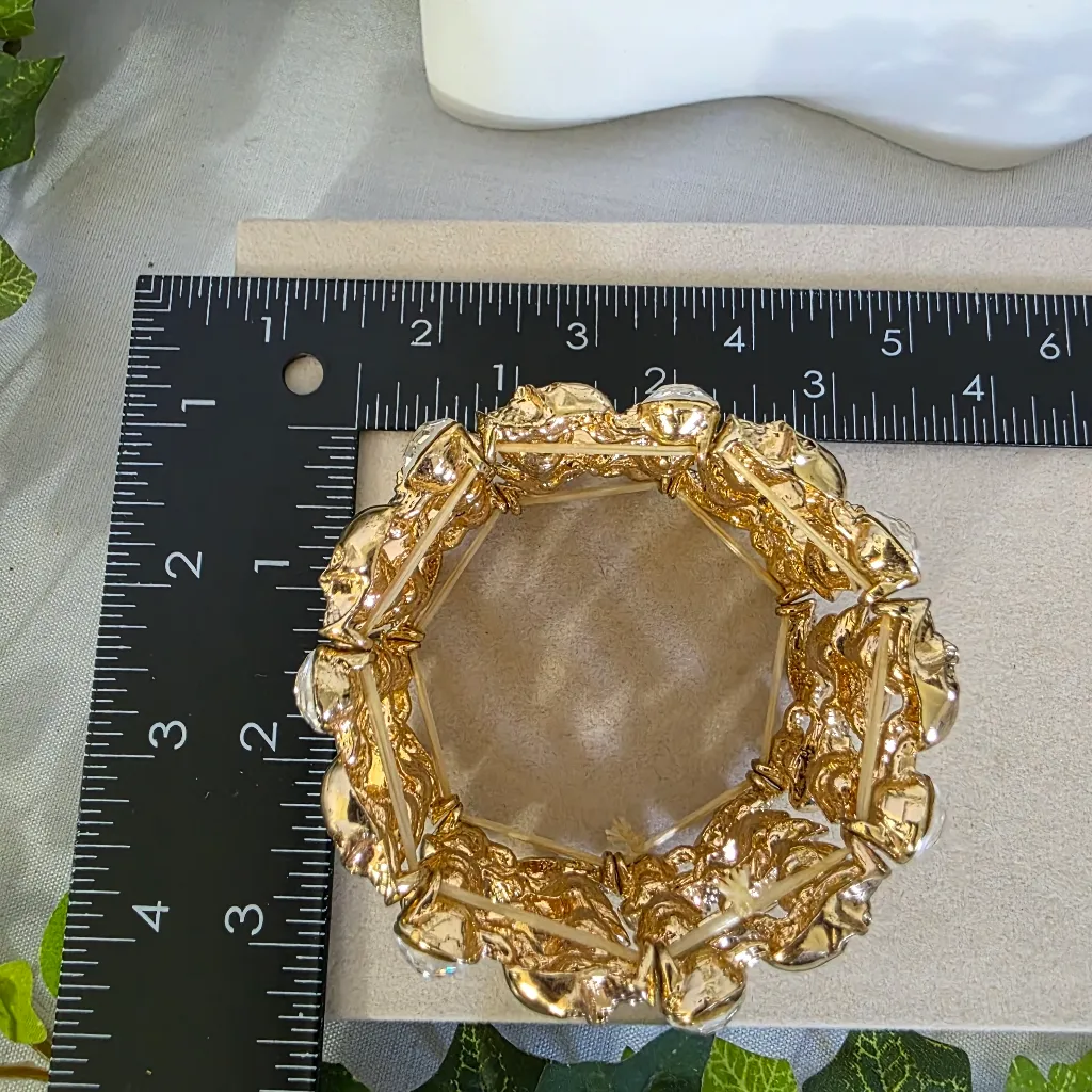 Statement Gold Stretch Bracelet Skulls and Cubic Zirconia - Image 7