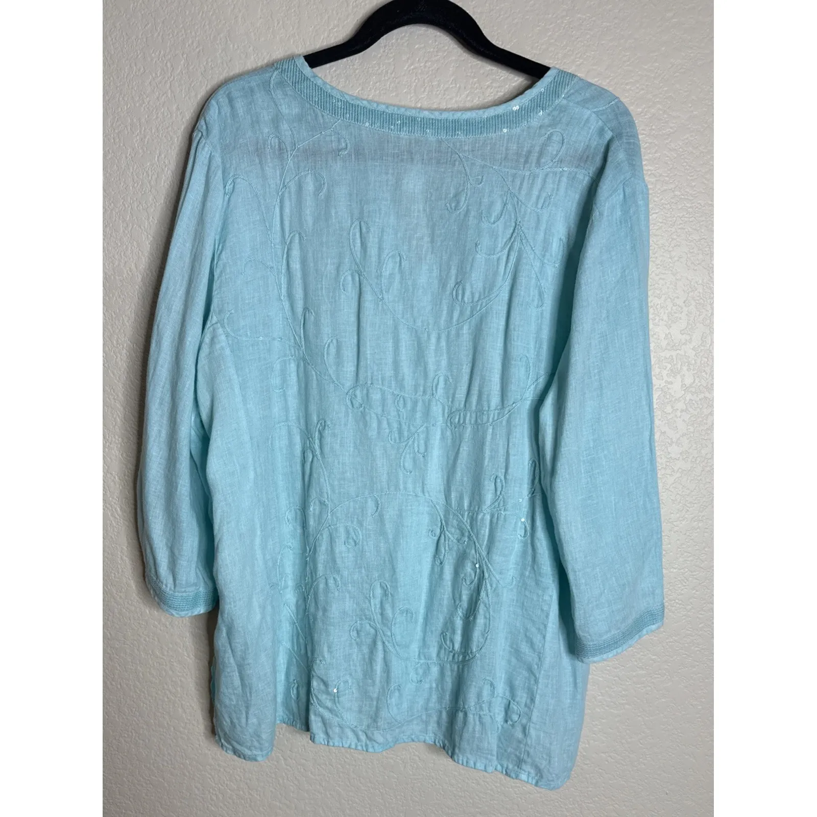 Chicos 3 US XL Sequin Turquoise Embroidered Linen Top Blouse Sheer Beach Travel - Image 2