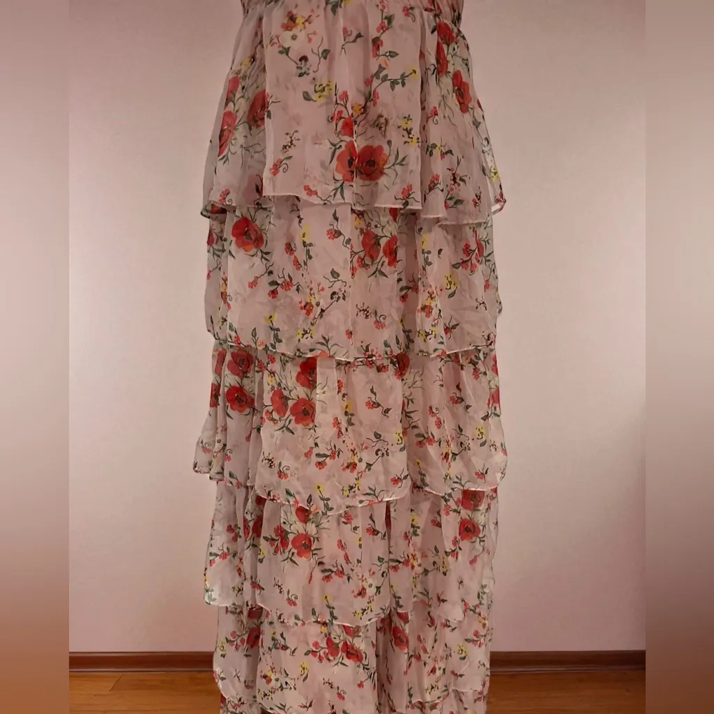 Ieena by Mac Duggal- Pink Ruffled Sleeveless Draped Tiered Floral Gown Size 4 - Image 5