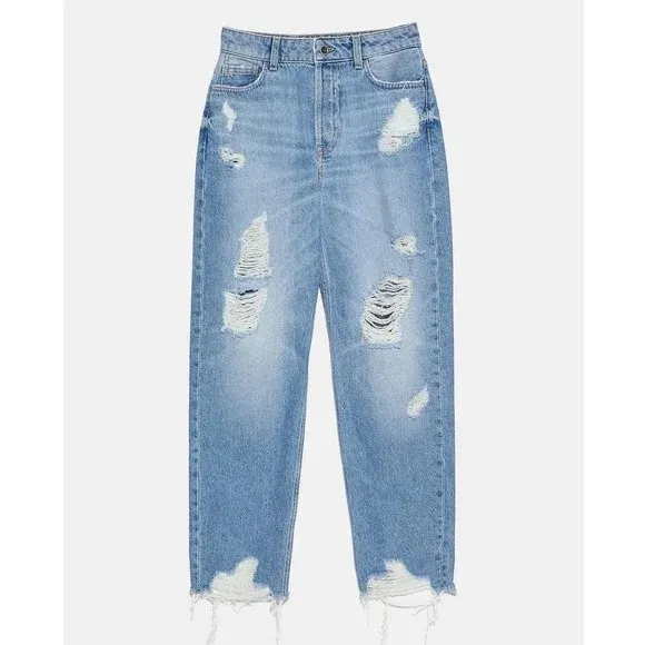 ZARA High Rise‎ Straight Mom Fit Ripped Distressed Mom Jeans Size 6 - Image 2