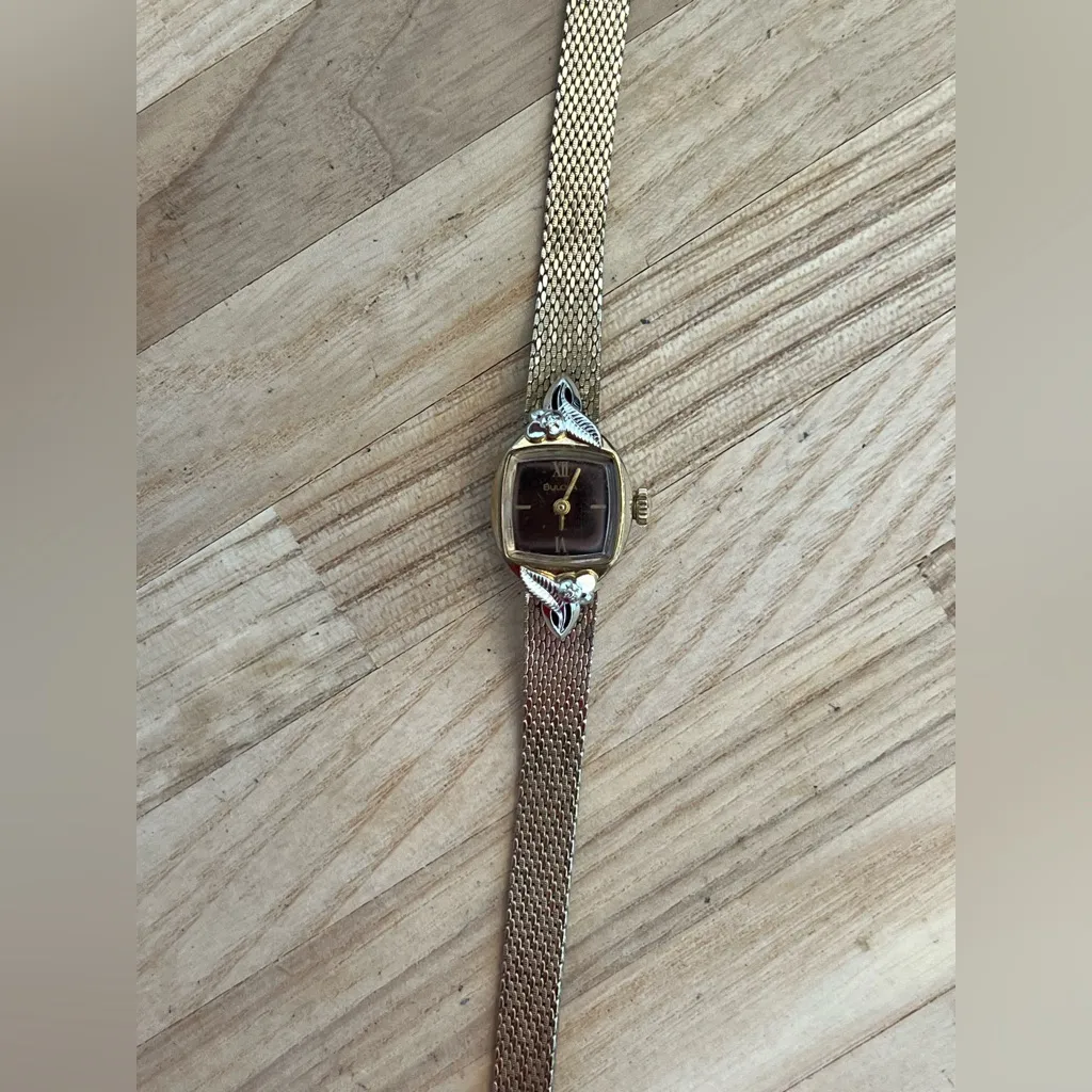 Bulova Diamond Ladies Vintage Watch Gold Plated Case Strap Burgundy Dial Works! - Image 3