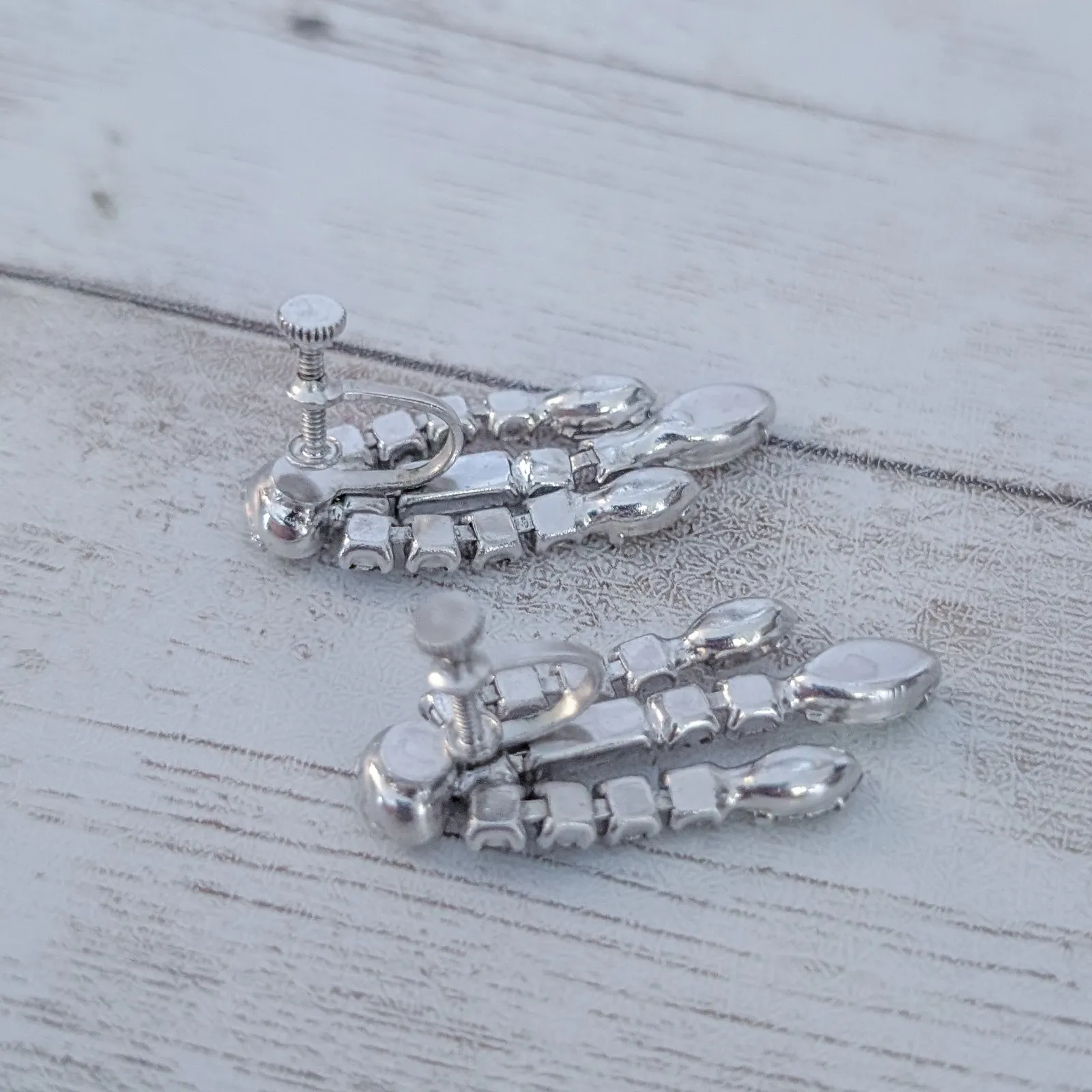Vintage Screw On Earrings Stylish Clear Gem Three Row Dangle Silver - Image 3
