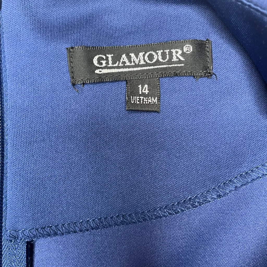 Glamour Vintage Cobalt Blue Scallop Edge Zip Midi Dress Sz 14 Occasion Modest - Image 9