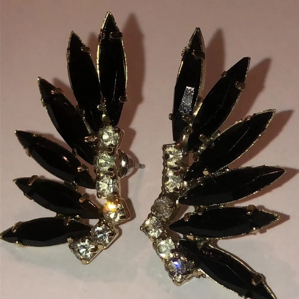 Gold Tone Vintage Black CZ Rhinestone Boho Formal Pierced Earrings - Image 3
